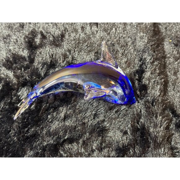 Art Blown  Glass Blue & Clear Glass Dolphin Figurine Art Decor 7" - Picture 3 of 8